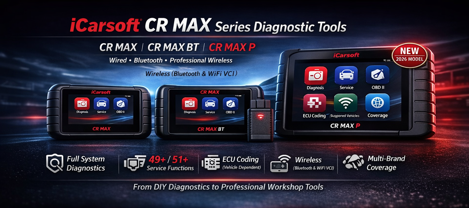 iCarsoft CR MAX, CR MAX BT and CR MAX P diagnostic tools UK - wireless OBD2 scanners with ECU coding and full system diagnostics