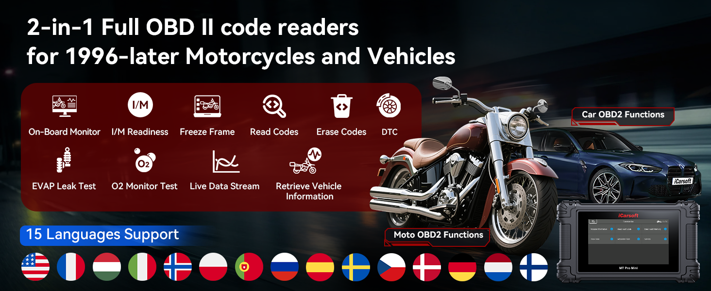 2-in-1 OBD2 code reader for 1996-later bikes and vehicles