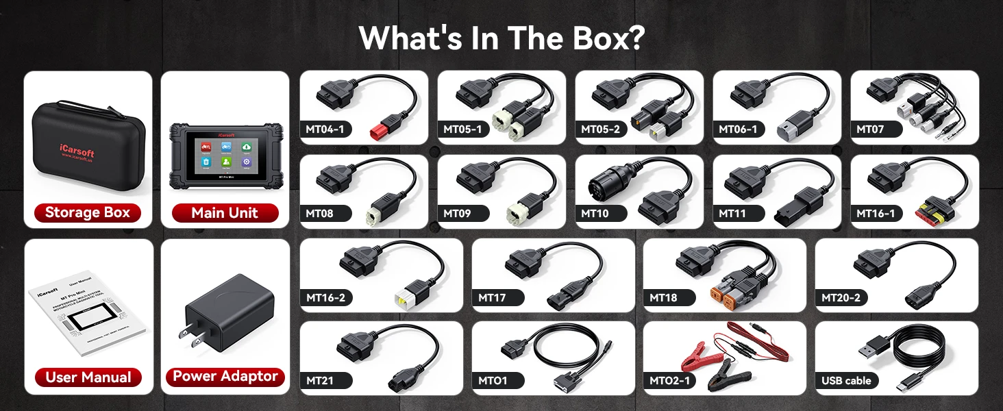 iCarsoft MT PRO Mini box contents, carrying case and 16 motorcycle diagnostic adapters