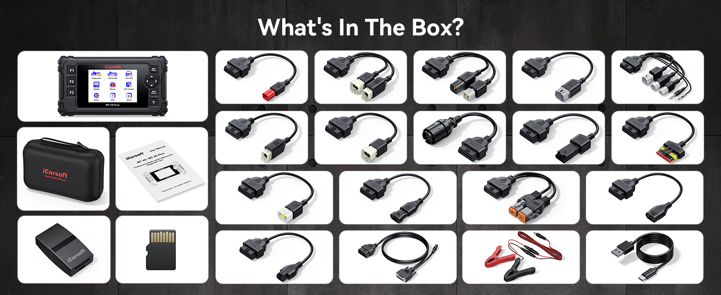 iCarsoft MT V6 Plus motorcycle diagnostic tool, case, cables and included adapters
