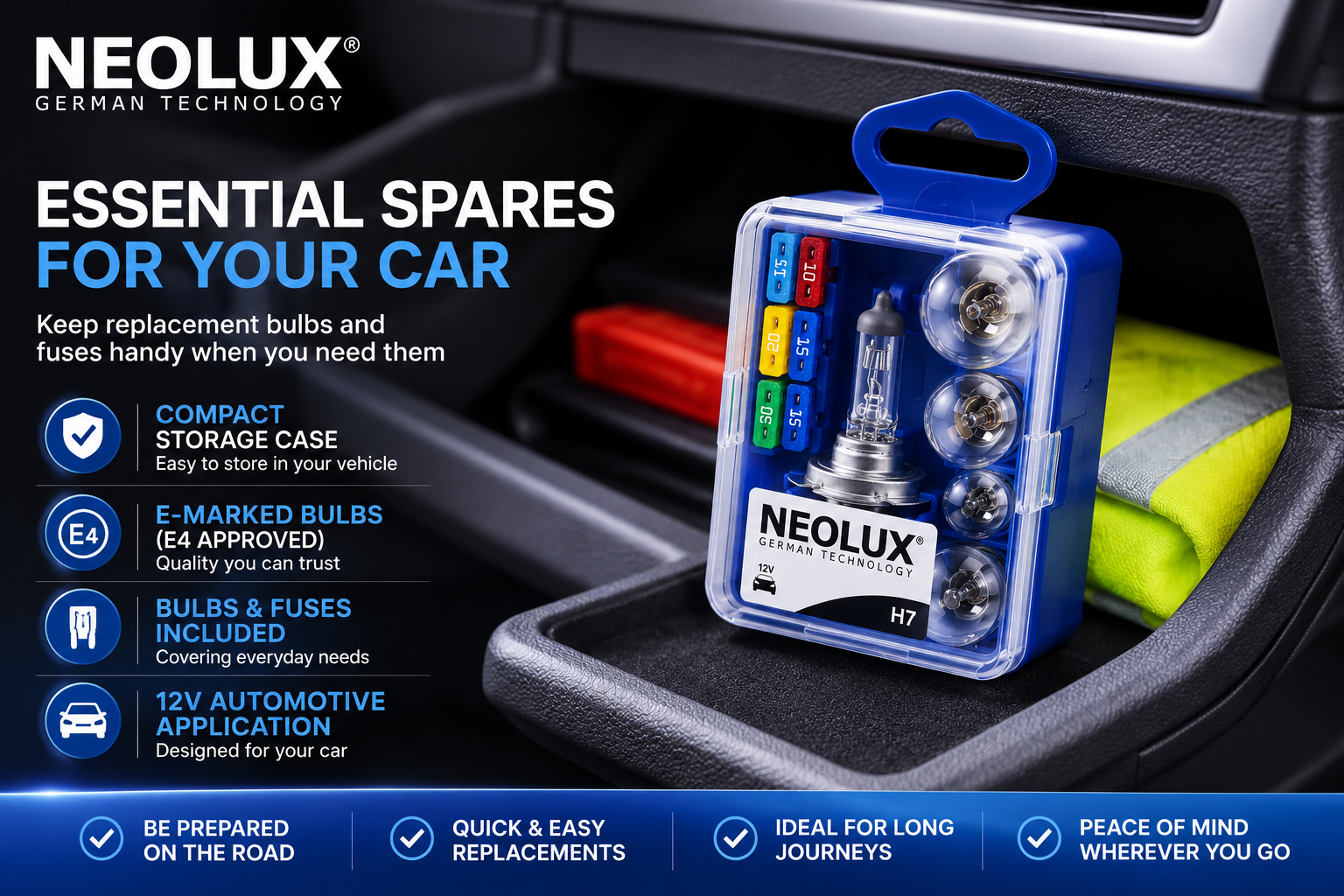 NEOLUX H7 spare bulb kit for keeping essential replacement bulbs and fuses in your car