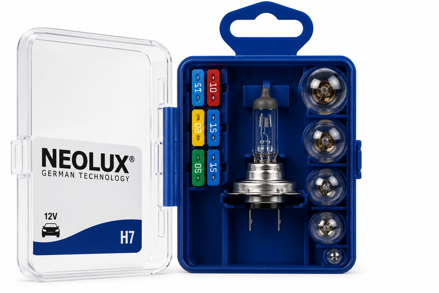 Open NEOLUX N499KIT H7 spare bulb box showing bulbs and fuses