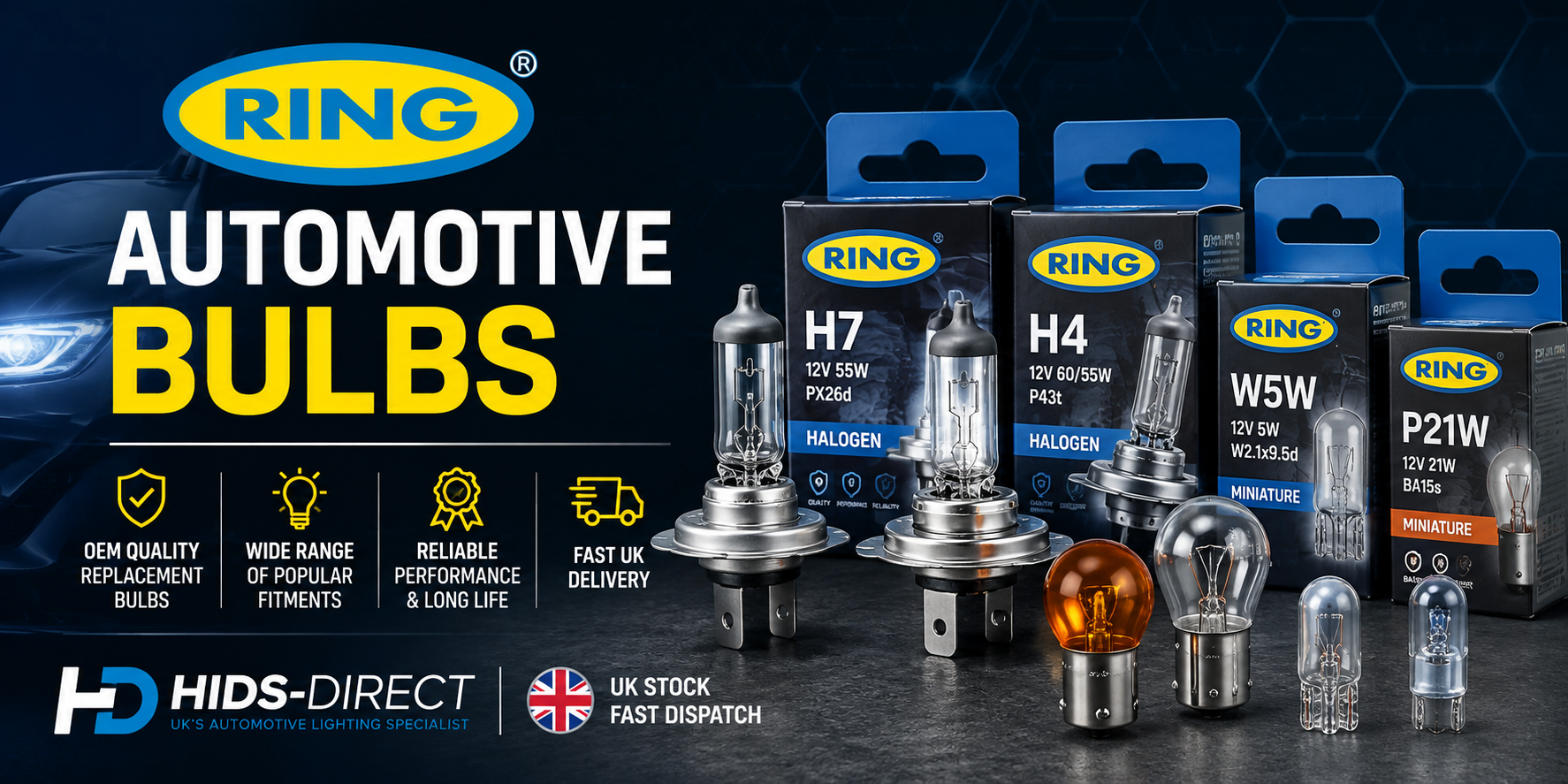 Ring Automotive Bulbs Ring Automotive bulbs including halogen headlight, indicator, brake, tail and interior car bulbs available from HIDS-DIRECT