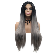 AMELIA - Lace Front Long Straight Silver Ombre Wig - by Queenie Wigs