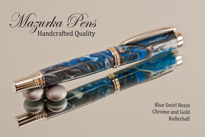 Handmade Writing Instrument Blue Swirl Chrome and Gold Finish 