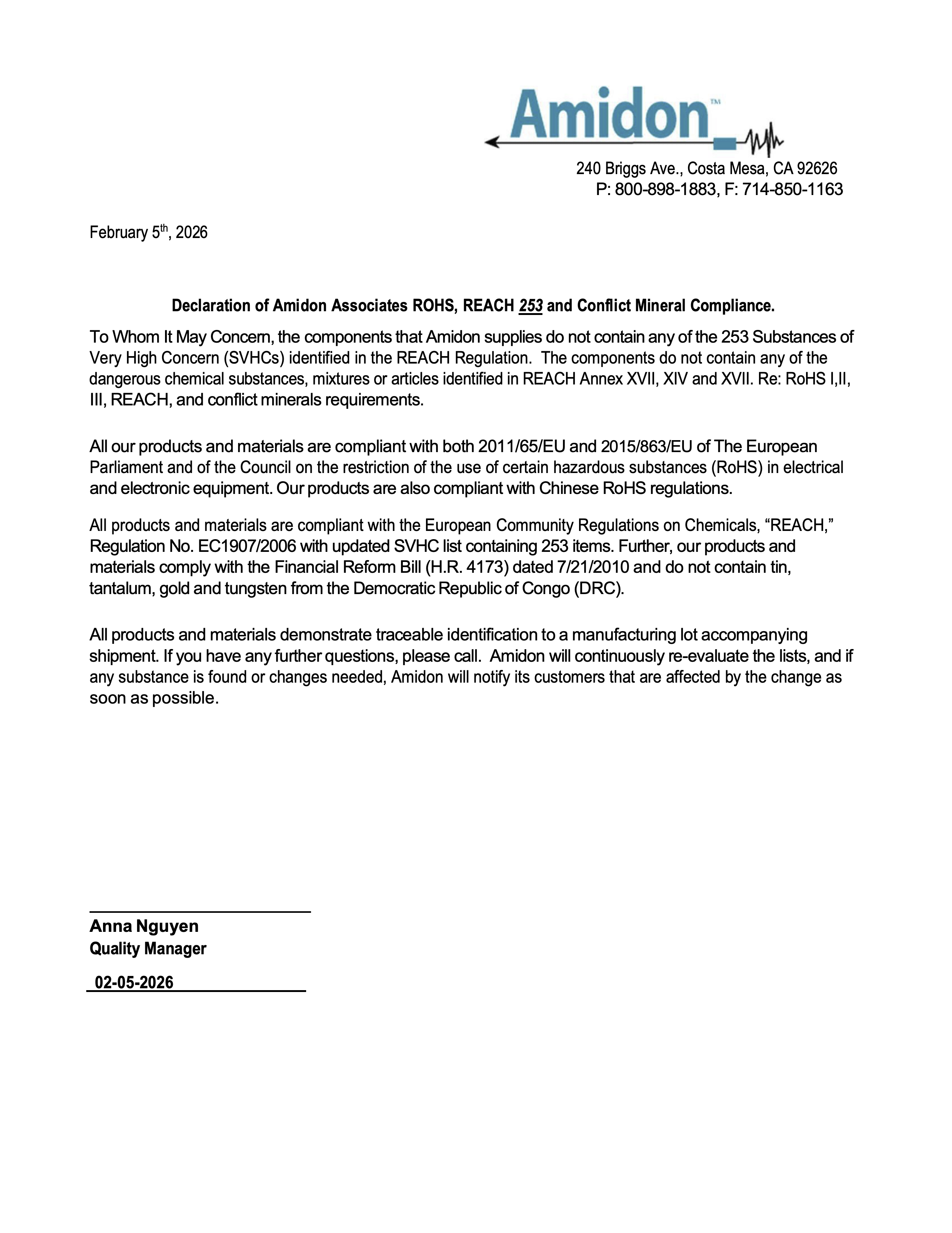 Amidon REACH (253) ROHS and Conflict Mineral Statement 2-5-2026
