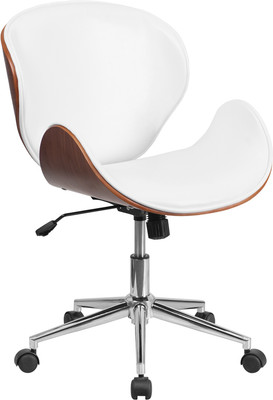  Mid-Back Natural Wood Swivel Conference Chair in White Leather