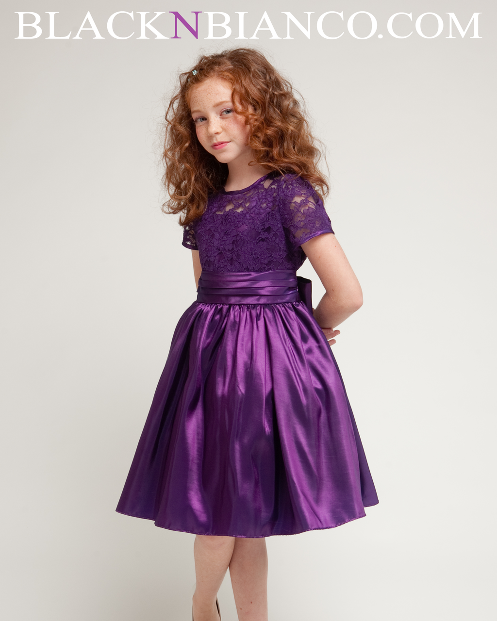 Purple Flower Girl Dress with satin lace sleeves Black N Bianco