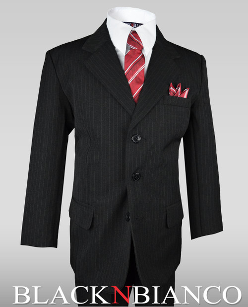 Boys Pinstripe Suit in Black with Dark Red Tie Size 220 Black N Bianco