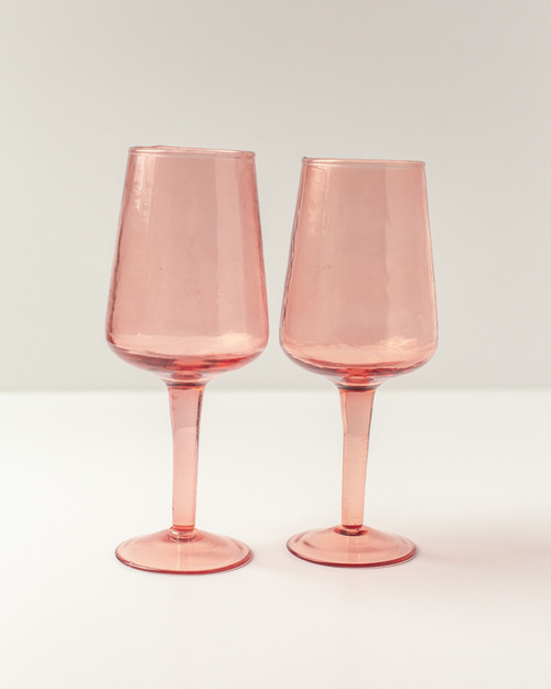 Pair of Handblown Hammered Wine Glasses - Rose