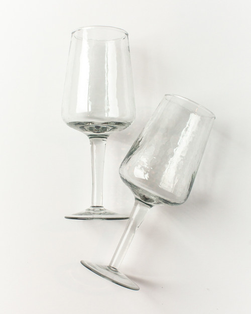 Pair of Handblown Hammered Wine Glasses - Clear