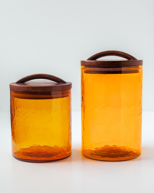 Pair of Hammered Glass Canisters with Wood Lid - Amber