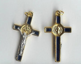 GOLD PLATED Saint Benedict Crucifix Medallion with royal blue enamel inset