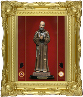 Padre Pio exuding blood-like substance, tears, and oil as signs that he will answer your prayers!!   On Canvas in French Baroque Gold Leaf Frame!   14" x 17" AT A GREAT DISCOUNT!!  ORDER TODAY!!!