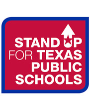 Stand Up for Texas Public Schools sign red background, trimmed in blue edge