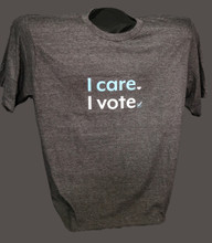 I care I vote, heathered charcoal t-shirt with white and blue image