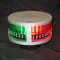 A black background with silver circular light. Green glowing lights on left and red glowing lights on right