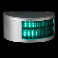 A black background with a half circle light base. In white. Two rows of green lights on half, right side