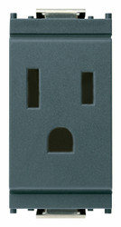 A grey rectangle Idea 2P+E 15A 127V USA Outlet. 3 holes on the front for a plug. On a white background