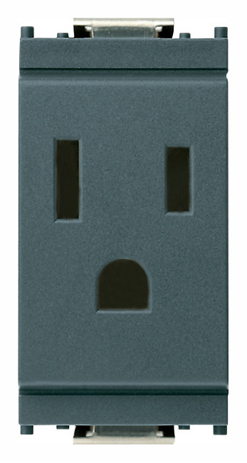 A grey rectangle Idea 2P+E 15A 127V USA Outlet. 3 holes on the front for a plug. On a white background