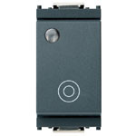 A dark grey rectangular Push Button Switch. Smooth front. Small bull-eyes symbol on the bottom. small circle light at the top right. On a white background