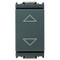 An Idea 2P 10AX 2-Way Switch. Grey smooth front. a triangle facing the top and a white triangle facing the bottom. Ona white background