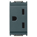 A grey vertical outlet. a half circle slot on the left. 2 rectangular slots on the left. On a white background