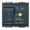 A dark grey square outlet. A rectangle push button on the left side. A round little yellow circle on the right and descriptions on the bottom. On a white background
