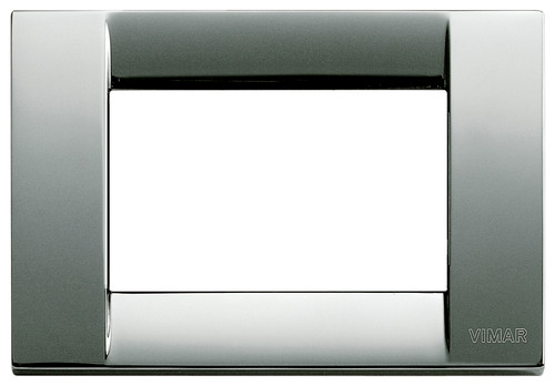 A chrome square cover plate. 3 smooth black buttons in the center. on a white background