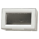 White enclosed 4M mounting box. clear plastic front, square on a white background