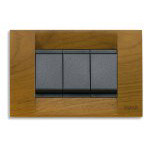 A teak wood rectangle cover plate. center has 3 black plain buttons. On a white background.