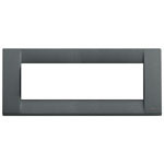 A thin long rectangle cover plate. Dark grey. no inside. On a white background.
