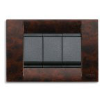 Dark wood square cover, with 3 black rectangle buttons in the center. On a white background