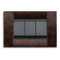 Dark wood square cover, with 3 black rectangle buttons in the center. On a white background