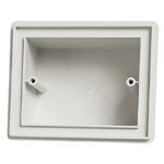 A Grey IP55 Flush Box. Square with two holes on each side for screws on a white background