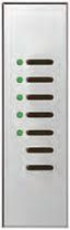 Silver rectangular Remote. Green lights on the left on black thin buttons in the center. On a white background