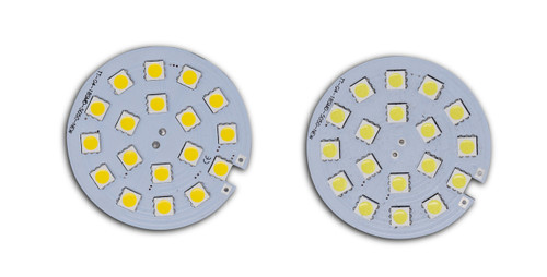 2 small round Emma 18SMD. Yellow lights on the the grey inside. On a white background.