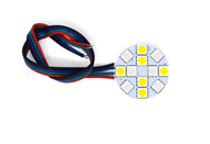 A circle PCB Phobos 12SMD. Yellow squares on the inside. Red and black wires coming from it. On a white background.