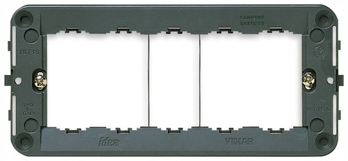 Grey rectangular  mounting frame plus screws on a  white background