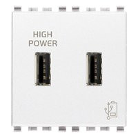 VIMAR EIKON 20295.B
White square USB outlet 2,1A 5V 2M. Outlets on left and right. on a white background.