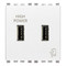 VIMAR EIKON 20295.B
White square USB outlet 2,1A 5V 2M. Outlets on left and right. on a white background.