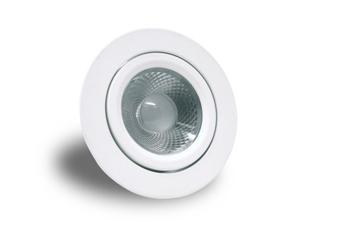 A round Voyager Light. White base with a clear lens and light inside. On a white background