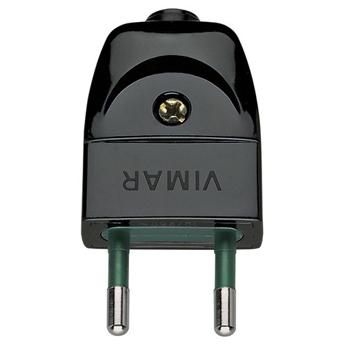 black plug. Vimar on it. two prongs on a white background