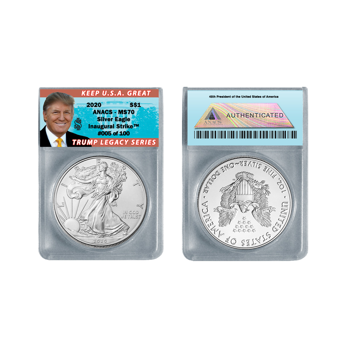 2020 American Silver Eagle Ms70 Trump Label Le 100 American Historic Society
