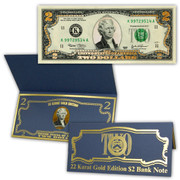 22k Gold Layered Uncirculated Two Dollar Bill - Special Edition Collectible Currency