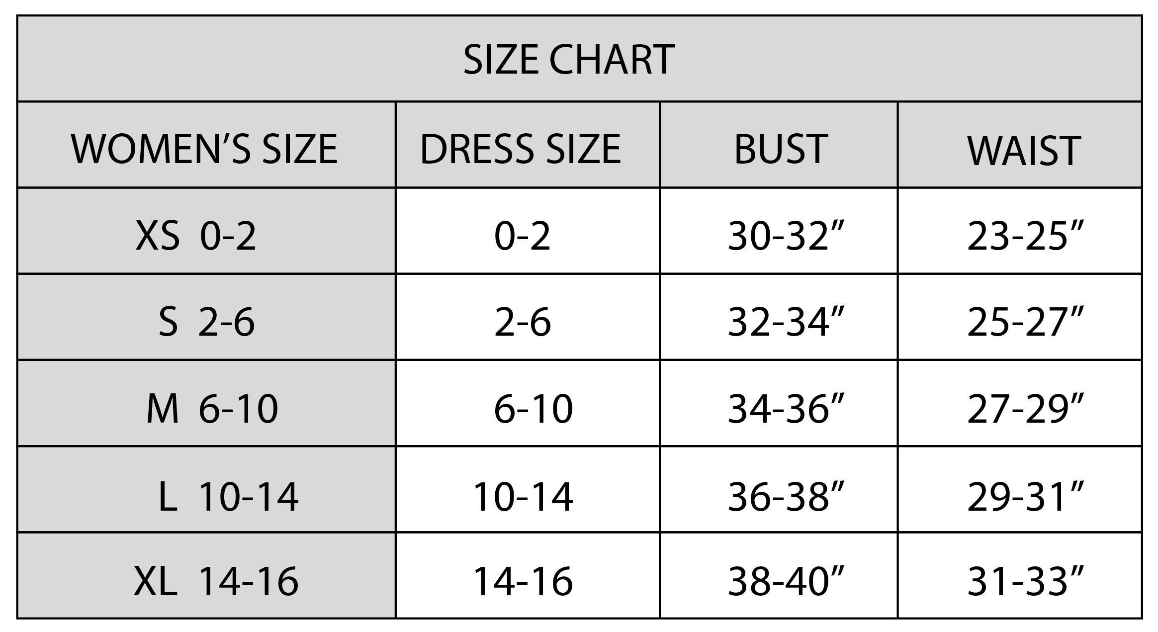 Dreamgirl Costume Size Chart