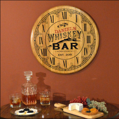 Home Bar Clock with Personalized Whiskey Label
