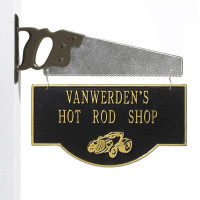 Personalized Hot Rod Garage Plaque - Black/Gold - Saw Bracket