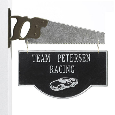 Personalized Racing Car Garage Plaque - Black/Silver - Saw Bracket