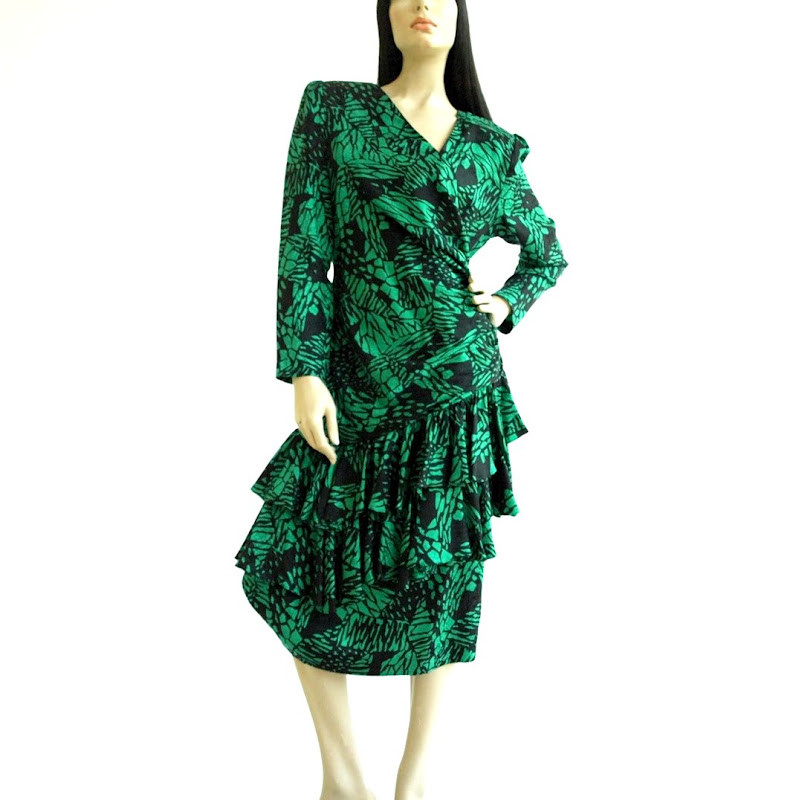 Vintage Dresses | Vintage 1980s Green and Black Ruffle Silk Peplum Dress
